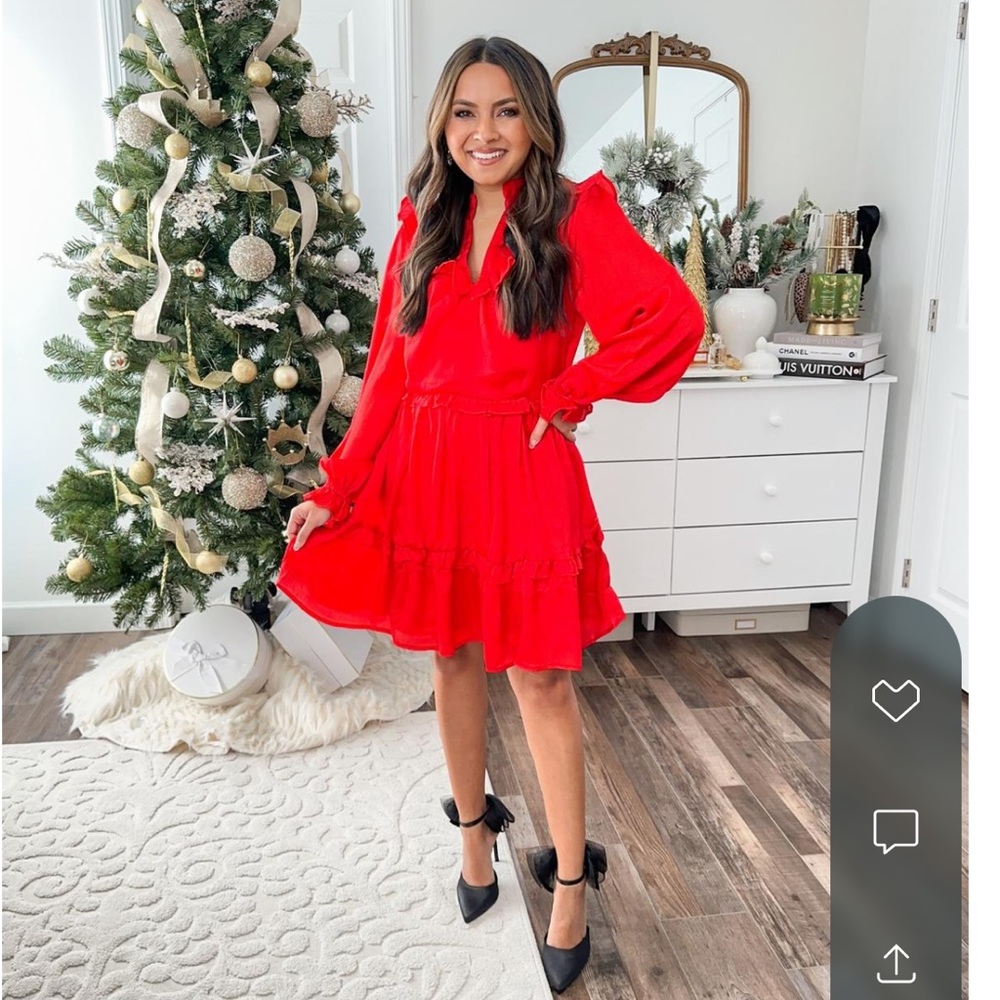 Meritt small red dress long sleeve V-neckline with ruffle details